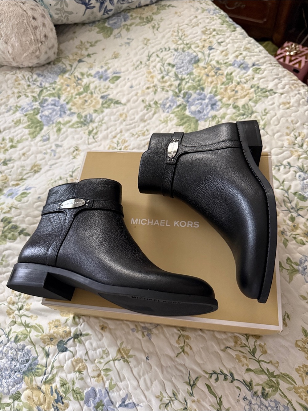 Michael Kors Black Leather Ankle Booties with Silver Logo Accent